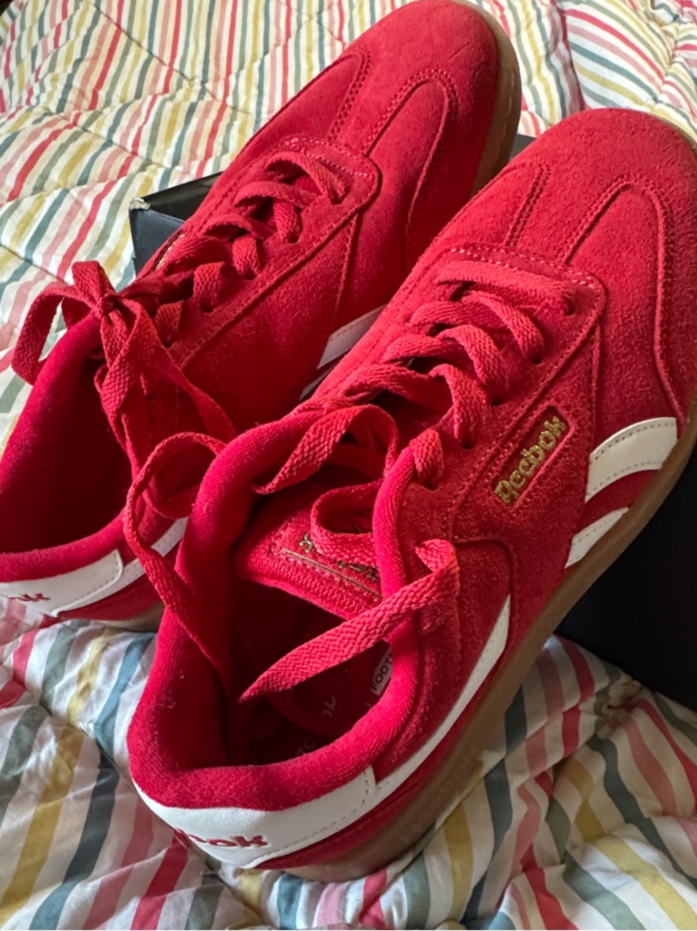 Reebok Red Suede Sneakers with White Stripes and Gum Sole - Picture 4 of 11